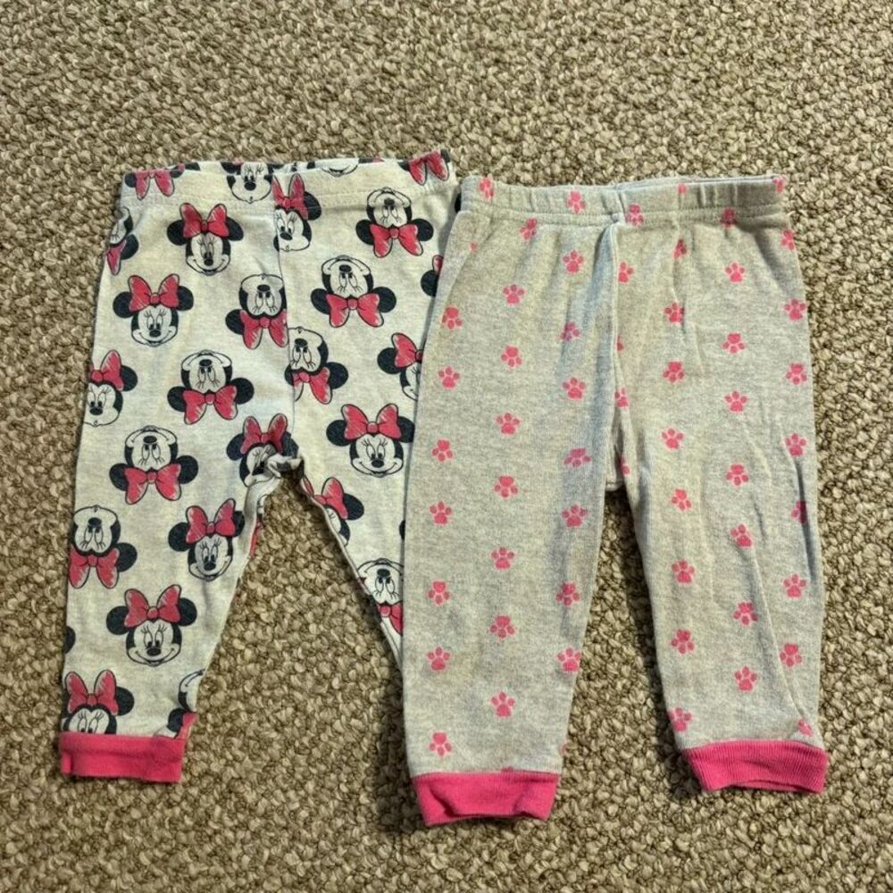 Lot of 2 Baby Girl Disney Minnie Mouse Pajama Pants Gray Pink Paw Print 12 Month